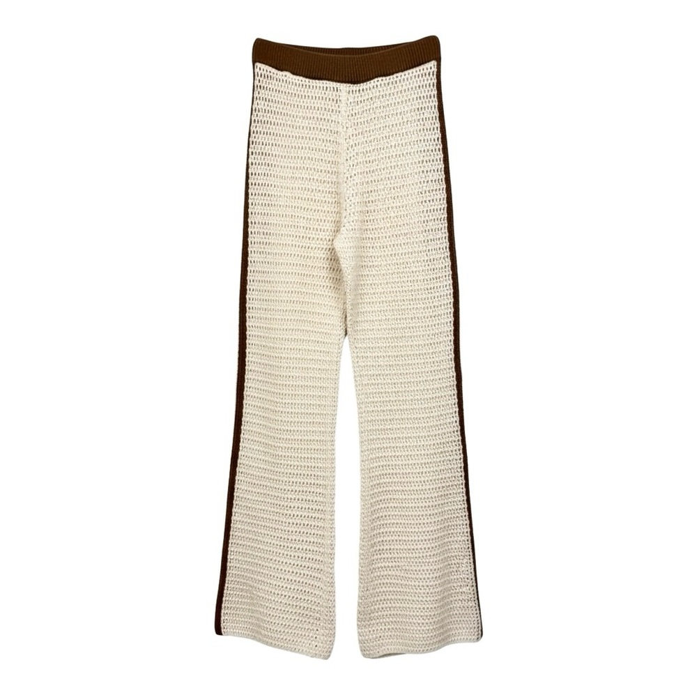 Boho Cream Brown Crochet Wide-Leg Pants Size S Beach Vacation Festival